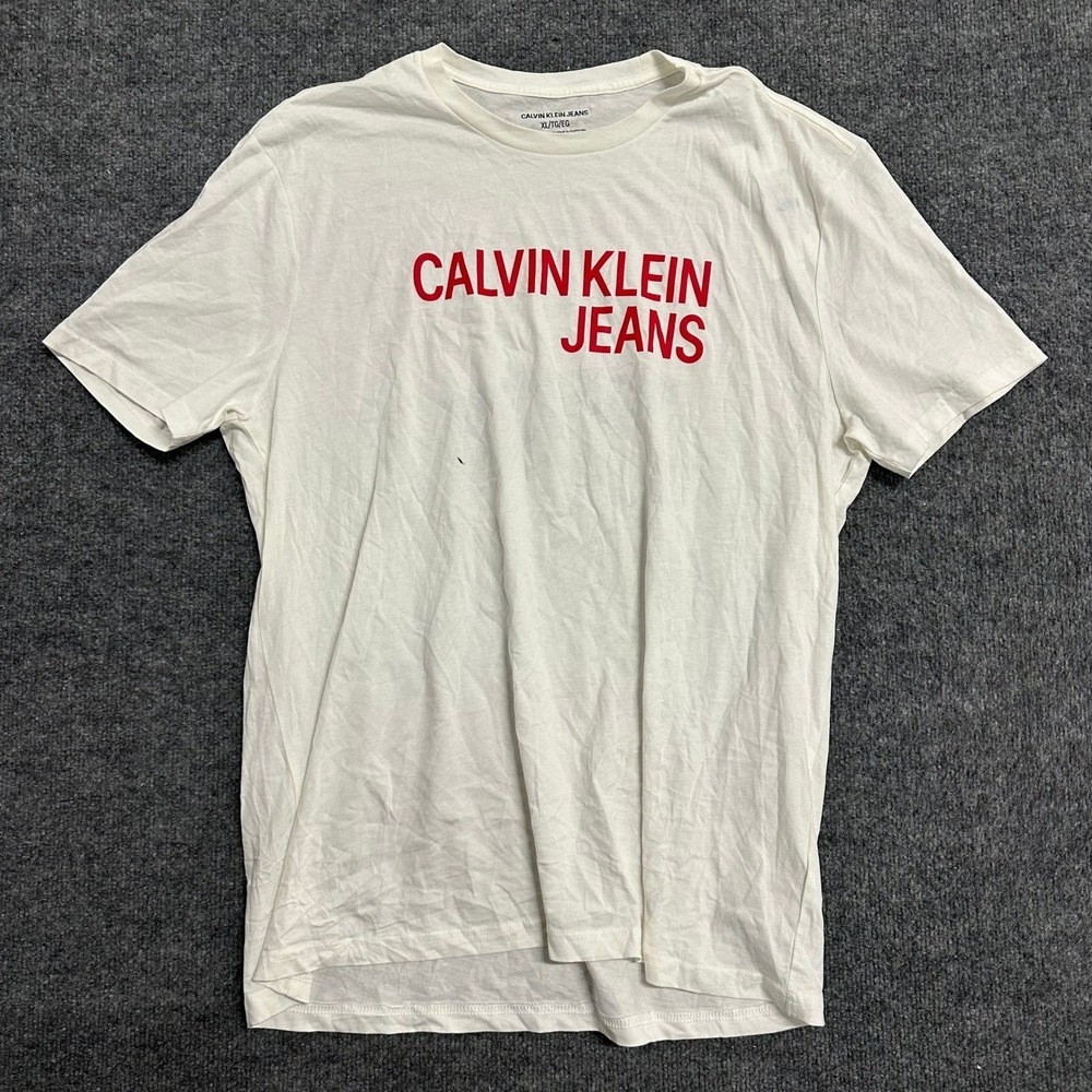 Calvin Klein Jeans T-Shirt Mens Size XL White Red Logo Crewneck Short Sleeve